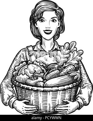 Belle fille ou happy farmer holding un panier en osier plein de légumes. L'agriculture, l'horticulture, concept de ferme. Esquisse dessinée à la main vector illustration Illustration de Vecteur