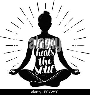 Le yoga. Girl meditating in lotus pose. Typographie design, illustration vectorielle Illustration de Vecteur
