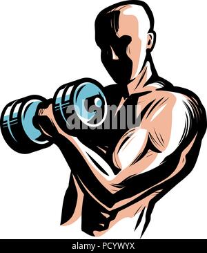 L'homme athlétique solide soulève des haltères lourds avec ses mains. Salle de Fitness, body-building concept. Vector illustration Illustration de Vecteur