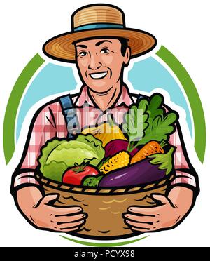 Happy Farmer holding un panier plein de légumes frais. Ferme, l'agriculture, l'horticulture concept. Cartoon vector illustration Illustration de Vecteur