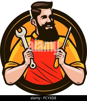 Logo de réparation, d'entretien ou de l'étiquette. Réparateur tient en mains les outils un tournevis et une clé. Cartoon vector illustration Illustration de Vecteur