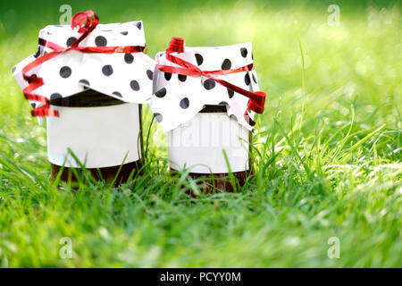 2 pots de confiture maison / jelly position sur sunny pré vert. Les étiquettes sur les pots de confiture fournir copie de l'espace. Les verres sont décorées avec un black Banque D'Images