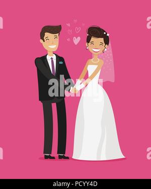 Concept de mariage. Happy Bride and Groom holding hands. Cartoon vector illustration Illustration de Vecteur