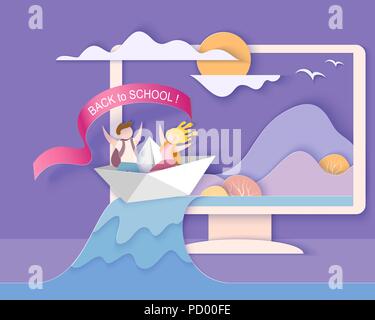 Retour à l'école 1 septembre carte. L'écran du moniteur avec des montagnes, des arbres, une cascade et des enfants dans le bateau. Modèle de coupe de papier. Vector illustration Illustration de Vecteur