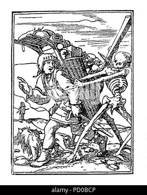 Le Colporteur, gravure sur bois, conçu par Hans Holbein le Jeune, (1497-1543) pour la "Danse de mort" Série de 1523-26 , fin du Moyen-Âge allégorie sur l'universalité de la mort Banque D'Images