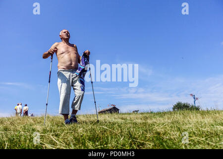 Homme senior avec des bâtons de marche nordique sur la prairie de montagne, Velka Javorina, Slovaquie Banque D'Images