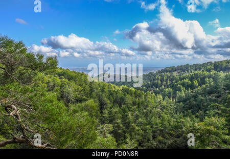 Belle vista à partir du haut de la montagne du Troodos avec Ciel, nuages, arbres, et la campagne. Senic vue prise au printemps par un beau jour. Banque D'Images