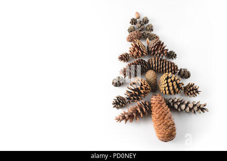 Sapin fait de cônes divers conifères isolé sur blanc, vue de dessus. Copie gratuite de l'espace. Banque D'Images