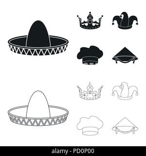 Couronne, jester cap, Cook, cône. Set d'icônes dans la collection de chapeaux,noir style Contour Symbole vecteur illustration de stock . Illustration de Vecteur