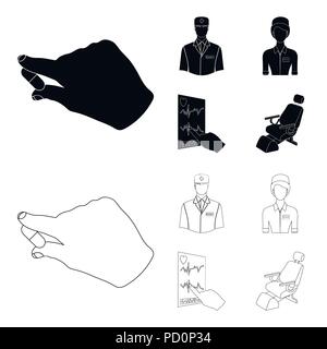 Le médecin traitant, l'infirmière, le cardiogramme du coeur, le fauteuil dentaire. Collection d'icônes dans Medicineset,noir style Contour Symbole vecteur s Illustration de Vecteur