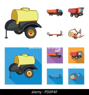Remorque avec un baril, camion et d'autres appareils agricoles. Collection set machines agricoles des icônes dans le style cartoon,télévision mauvais stock symbol vector Illustration de Vecteur