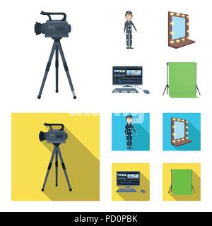 Une caméra, un costume pour les effets spéciaux et d'autres équipements. Faire des films ensemble prédéfini d'icônes dans le style cartoon,télévision stock symbol vector illustrat Illustration de Vecteur