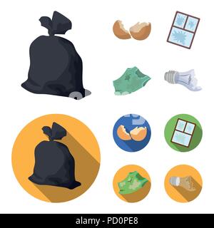 Un sac à déchets, d'une fracture, une déchirure de la coquille des œufs sales T-shirt, une fenêtre cassée avec cadre en verre.Les ordures et déchets collecte ensemble des icônes dans le style cartoon,Télévision Illustration de Vecteur