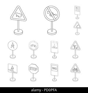 Différents types de panneaux routiers contours icônes de collection set pour la conception. Les panneaux d'interdiction et d'avertissement symbole vecteur illustration de stock. Illustration de Vecteur