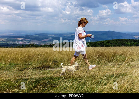 Femme promenant chien en laisse, vue de côté se promener un voyage, Velka Javorina, Bilé Karpaty montagnes, frontière tchèque-slovaque paysage d'été Banque D'Images