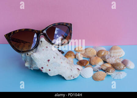 A women's sunglasses sur une grande coquille et plusieurs petites coquilles sur un fond rose et bleu clair. Belle image minimaliste qui capture l'esprit Banque D'Images