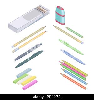 Assortiment de fournitures de bureau en 3D isométrique style. Illustration de Vecteur