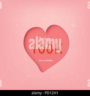 100K followers merci poster avec forme de coeur et de décoration. 100000 abonnés célébration bandeau rose. Carte de souhaits pour les réseaux sociaux. Je vecteur Illustration de Vecteur