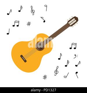 Guitare classique en bois. Instrument de musique à cordes pincées. Petite guitare acoustique ou ukulele. Rock ou Jazz d'équipement. Autocollant avec contour. Illustration de Vecteur