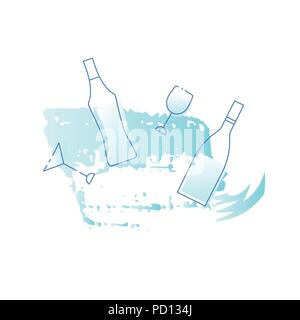 Vin et verres et bouteilles vertmouth ensemble avec décorations. La ligne d'icônes. Vector illustration. Illustration de Vecteur