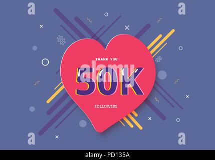 50K abonnés merci poster avec forme de coeur et de décoration. 50000 abonnés célébration d'ouverture. Carte de souhaits pour les réseaux sociaux. Illustra vecteur Illustration de Vecteur