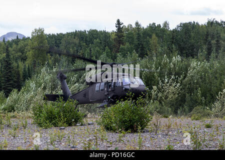 Marines avec la Compagnie Charlie, 1er Bataillon, 24e Régiment de Marines, en compétition dans la 4e Division de marines Concours annuel de peloton, obtenir l'air sortir de la zone d'atterrissage 26 par une armée américaine Sikorsky UH-60 Black Hawk à Joint Base Elmendorf-Richardson, Anchorage, Alaska, 3 août 2018. Super Squad concours ont été conçus pour évaluer un 14-man d'infanterie tout au long d'un vaste domaine et l'évolution de tir réel. (U.S. Marine Corps photo par Lance Cpl. Samantha Schwoch/libérés) Banque D'Images