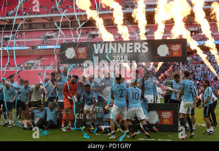 Manchester City triomphe dans le bouclier de la Communauté FA battant match Chelsea par deux buts au stade de Wembley, le 5 août 2018 à Londres, en Angleterre. (Photo par John Rainford/phcimages.com) Banque D'Images