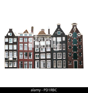 Maisons traditionnelles à Amsterdam aux Pays-Bas dans une rangée isolé sur fond blanc. Banque D'Images