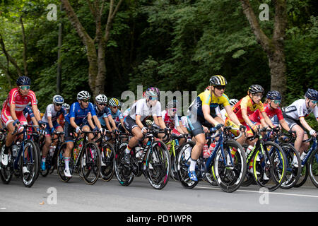 Le peloton passe par Kevingrove Park de la Womens 130 km Road Race pendant quatre jours des Championnats d'Europe 2018 à la Glasgow route vélo de course. Banque D'Images