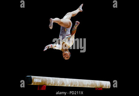 Nina Derwael en Belgique lors de la finale du faisceau féminin au quatrième jour des Championnats d'Europe 2018 au SSE Hydro, Glasgow. APPUYEZ SUR ASSOCIATION photo. Date de la photo: Dimanche 5 août 2018. Voir PA Story SPORT européen. Le crédit photo devrait se lire comme suit : John Walton/PA Wire. Banque D'Images