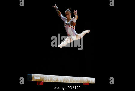 Nina de la Belgique au cours de l'Derwael women's final du faisceau pendant quatre jours des Championnats d'Europe 2018 à la SSE Hydro, Glasgow. ASSOCIATION DE PRESSE Photo. Photo date : dimanche 5 août 2018. Voir l'activité de l'histoire du sport. Crédit photo doit se lire : John Walton/PA Wire. RESTRICTIONS : usage éditorial uniquement, pas d'utilisation commerciale sans autorisation préalable Banque D'Images