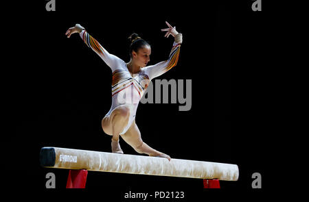 Nina Derwael en Belgique lors de la finale du faisceau féminin au quatrième jour des Championnats d'Europe 2018 au SSE Hydro, Glasgow. APPUYEZ SUR ASSOCIATION photo. Date de la photo: Dimanche 5 août 2018. Voir PA Story SPORT européen. Le crédit photo devrait se lire comme suit : John Walton/PA Wire. Banque D'Images