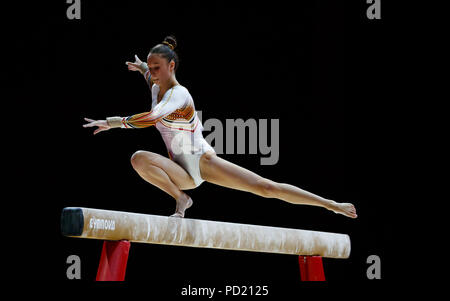 Nina Derwael en Belgique lors de la finale du faisceau féminin au quatrième jour des Championnats d'Europe 2018 au SSE Hydro, Glasgow. APPUYEZ SUR ASSOCIATION photo. Date de la photo: Dimanche 5 août 2018. Voir PA Story SPORT européen. Le crédit photo devrait se lire comme suit : John Walton/PA Wire. Banque D'Images