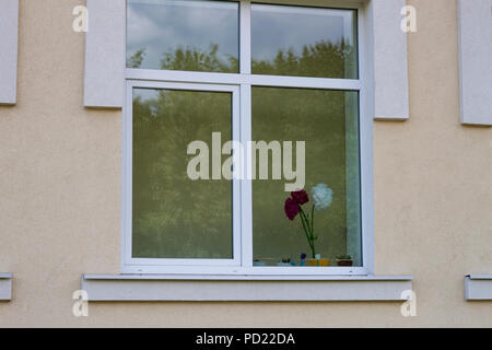 Vue de l'extérieur, rose clair plâtrés ou mur d'école maternelle et grand nettoyage fenêtre avec bouquet de blanc et noir artificiel lumineux papier rouge fl Banque D'Images
