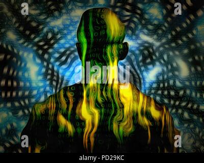 Surreal art numérique homme bien bâti avec un code binaire sur une peau. Banque D'Images