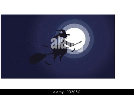 Image de fond nuit Halloween sorcière avec le vol et des chauves-souris., des éléments de vecteur pour banner, carte de souhaits halloween, Halloween party poster. Illustration de Vecteur