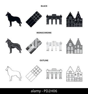 Chocolat, cathédrale et d'autres symboles du pays.La Belgique collection set icônes en noir monochrome,style,contour symbole vecteur illustration stock Illustration de Vecteur