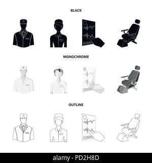 Le médecin traitant, l'infirmière, le cardiogramme du coeur, le fauteuil dentaire. Collection d'icônes dans Medicineset,noir,monochrome style contour vect Illustration de Vecteur