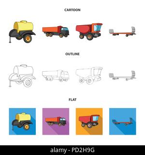 Remorque avec un baril, camion et d'autres appareils agricoles. Jeu de machines agricoles en icônes collection cartoon,télévision,contour vectoriel style cote s Illustration de Vecteur