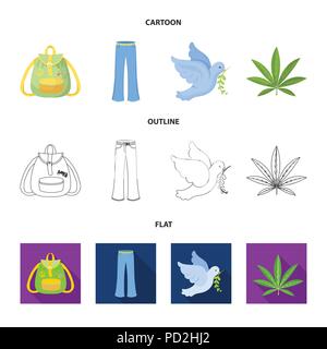 Une feuille de cannabis, une colombe, un jean, un sac à dos.collection set Hippy en icônes cartoon,télévision,contour symbole style vector illustration d'actions. Illustration de Vecteur