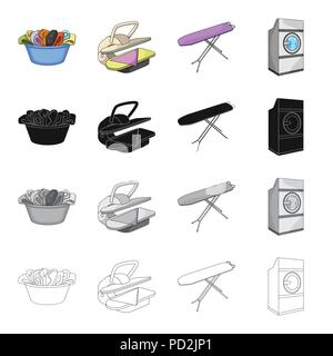 Un bol avec blanchisserie, repassage linge, lave-linge, planche à repasser. Lavage et nettoyage set collection icônes de caricature contour noir monochrome st Illustration de Vecteur