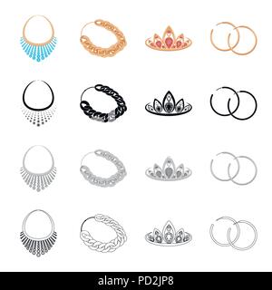 Les bijoux collier, chaîne d'or, diadème précieux, boucles d. Bijoux et Accessoires collection set icônes de cartoon style du contour noir monochrome vecto Illustration de Vecteur