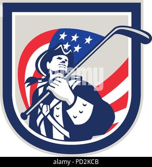 Illustration d'un patriote américain tenant un drapeau USA stars and stripes sur bâton de hockey sur glace jusqu'à l'intérieur set crest protection sur blanc retour isolés Illustration de Vecteur