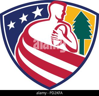 L'icône de mascotte illustration d'un joueur de rugby à balle et de pins drapés dans USA stars and stripes flag Star Spangled Banner insid Illustration de Vecteur