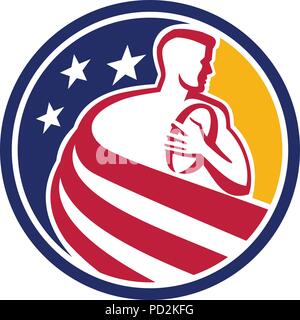 L'icône de mascotte illustration d'un joueur de rugby running with ball drapés dans USA stars and stripes Star Spangled Banner drapeau est défini à l'intérieur de shie Illustration de Vecteur