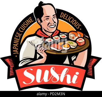 Logo Aliments Sushi ou l'étiquette. La cuisine japonaise, restaurant situé sur le toit. Vector illustration Illustration de Vecteur