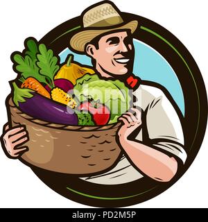 Agriculteur avec un panier plein de légumes frais. L'agriculture, de l'élevage concept. Cartoon vector illustration Illustration de Vecteur