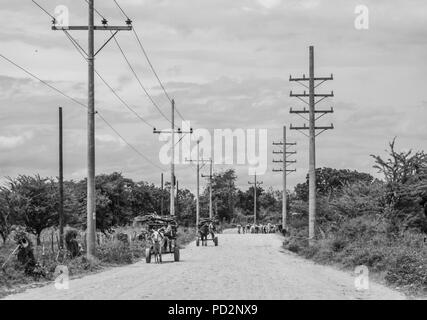 Les travailleurs qui travaillent dans les tours pour la connexion de nouvelle ligne de distribution de l'électricité à la région rurale du Honduras Banque D'Images