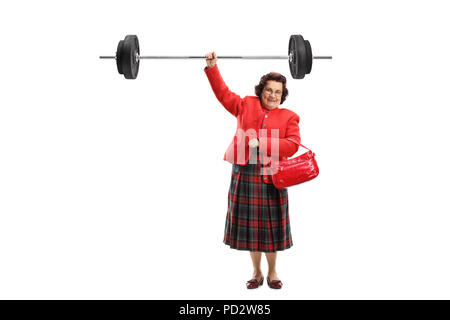 Portrait d'une dame d'une tige de levage principal avec une part isolé sur fond blanc Banque D'Images