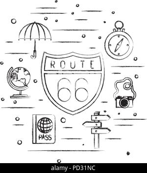 66 route de signal avec set de voyage icons Illustration de Vecteur